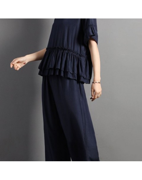 Black/Navy/Wine Red Vintage Ruffles Blouse and Wide Leg Pants Suit