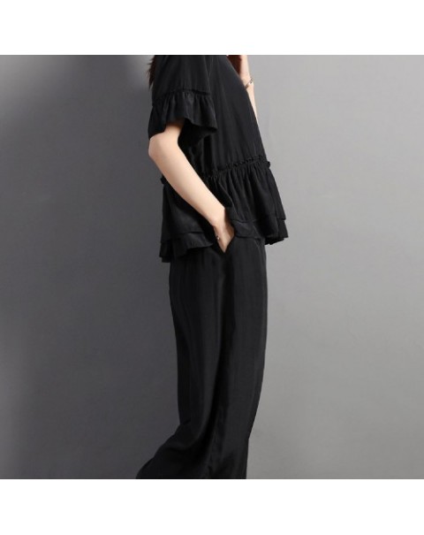 Black/Navy/Wine Red Vintage Ruffles Blouse and Wide Leg Pants Suit