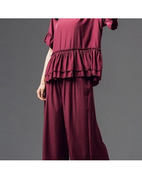 Black/Navy/Wine Red Vintage Ruffles Blouse and Wide Leg Pants Suit