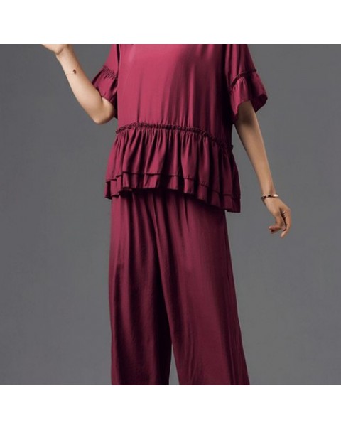 Black/Navy/Wine Red Vintage Ruffles Blouse and Wide Leg Pants Suit