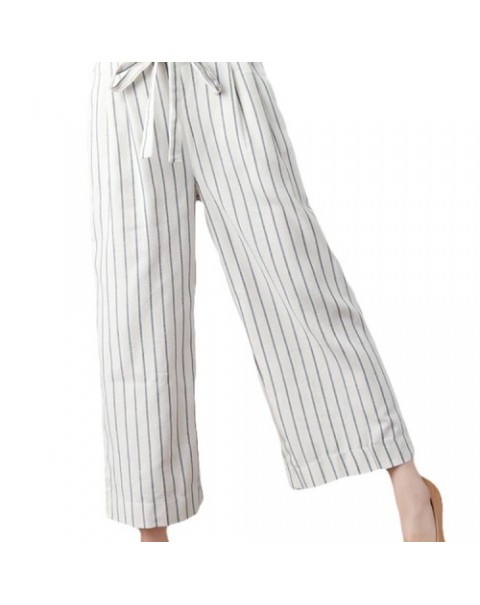 Beige/Black/Khaki Casual Elastic Waist Stripe Cotton Pants 