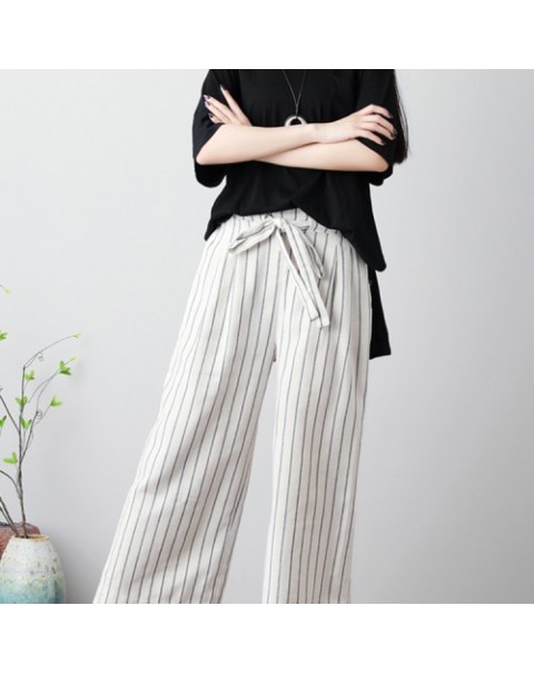 Beige/Black/Khaki Casual Elastic Waist Stripe Cotton Pants 