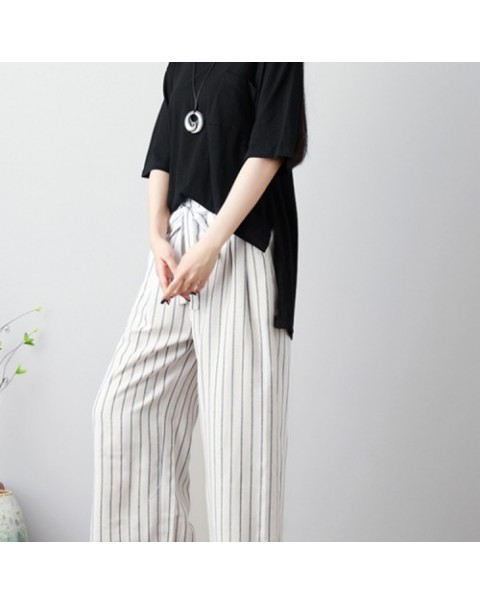 Beige/Black/Khaki Casual Elastic Waist Stripe Cotton Pants 