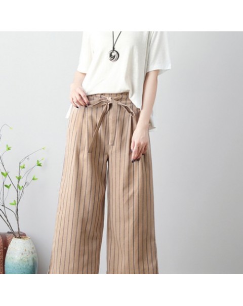 Beige/Black/Khaki Casual Elastic Waist Stripe Cotton Pants 