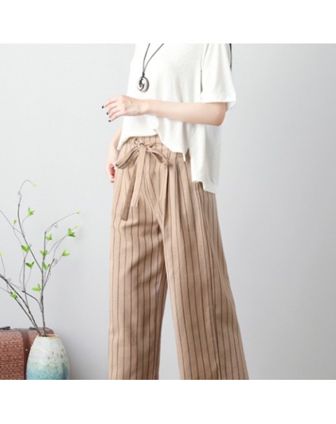 Beige/Black/Khaki Casual Elastic Waist Stripe Cotton Pants 