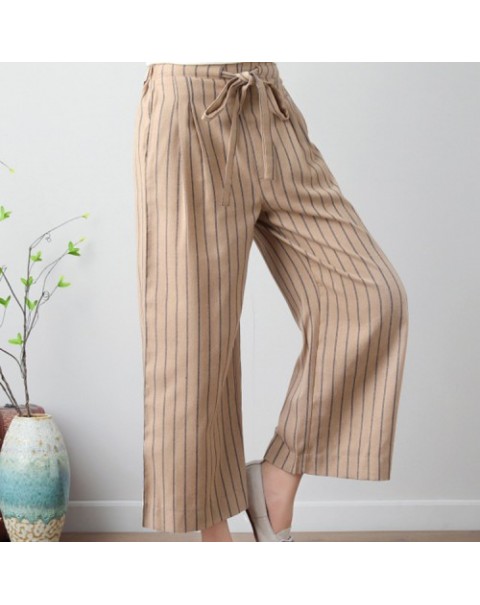 Beige/Black/Khaki Casual Elastic Waist Stripe Cotton Pants 