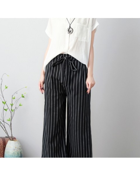 Beige/Black/Khaki Casual Elastic Waist Stripe Cotton Pants 