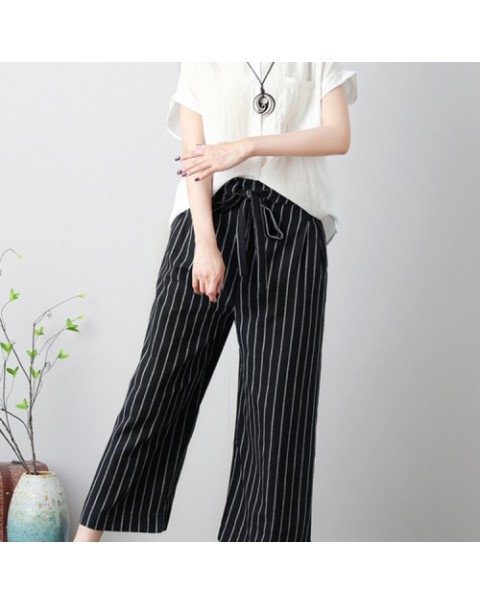 Beige/Black/Khaki Casual Elastic Waist Stripe Cotton Pants 