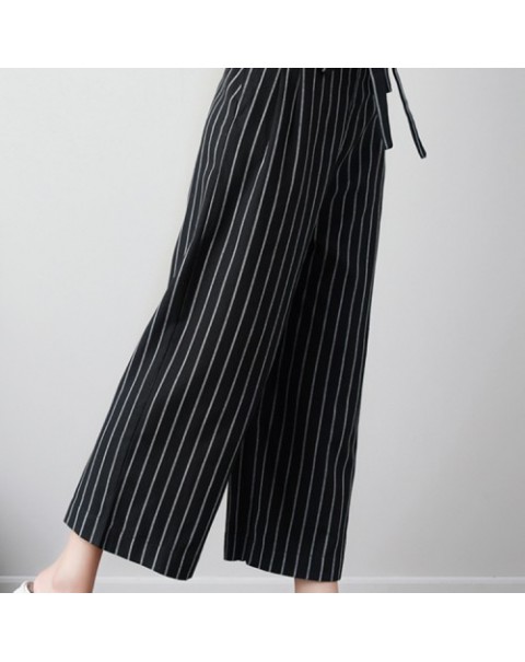 Beige/Black/Khaki Casual Elastic Waist Stripe Cotton Pants 