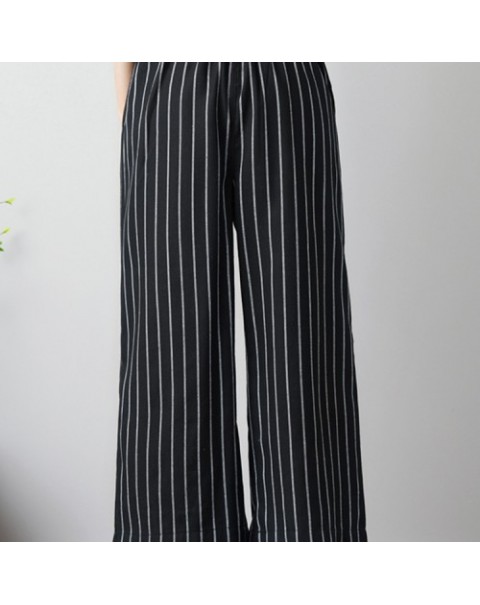 Beige/Black/Khaki Casual Elastic Waist Stripe Cotton Pants 