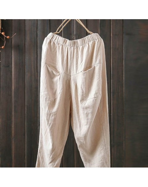 Simple Solid Color Elastic Waist Cotton Pants 