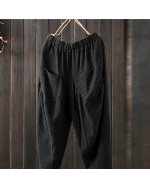 Simple Solid Color Elastic Waist Cotton Pants 