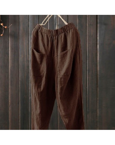 Simple Solid Color Elastic Waist Cotton Pants 