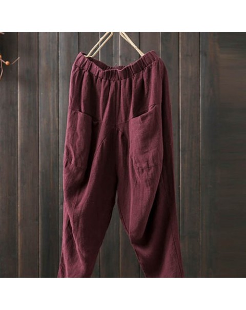 Simple Solid Color Elastic Waist Cotton Pants 