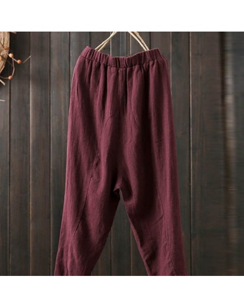 Simple Solid Color Elastic Waist Cotton Pants 