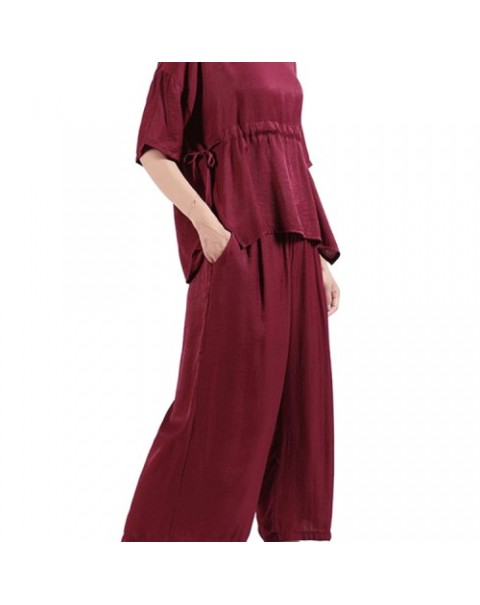 Vintage Half Sleeve Blouse and Wide Leg Pants Suit