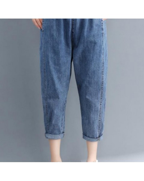 Blue Casual Elastic Waist Denim Pants