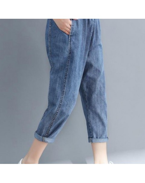 Blue Casual Elastic Waist Denim Pants