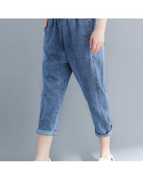 Blue Casual Elastic Waist Denim Pants