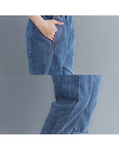 Blue Casual Elastic Waist Denim Pants