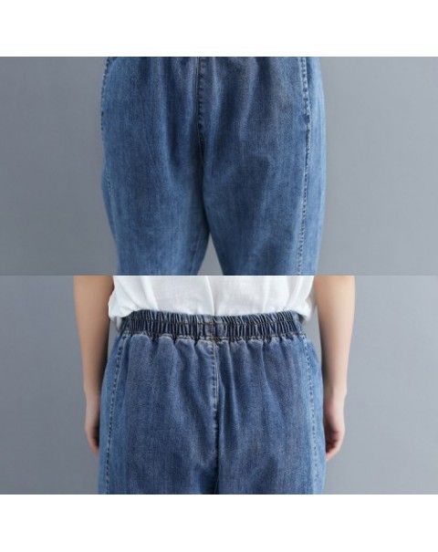 Blue Casual Elastic Waist Denim Pants