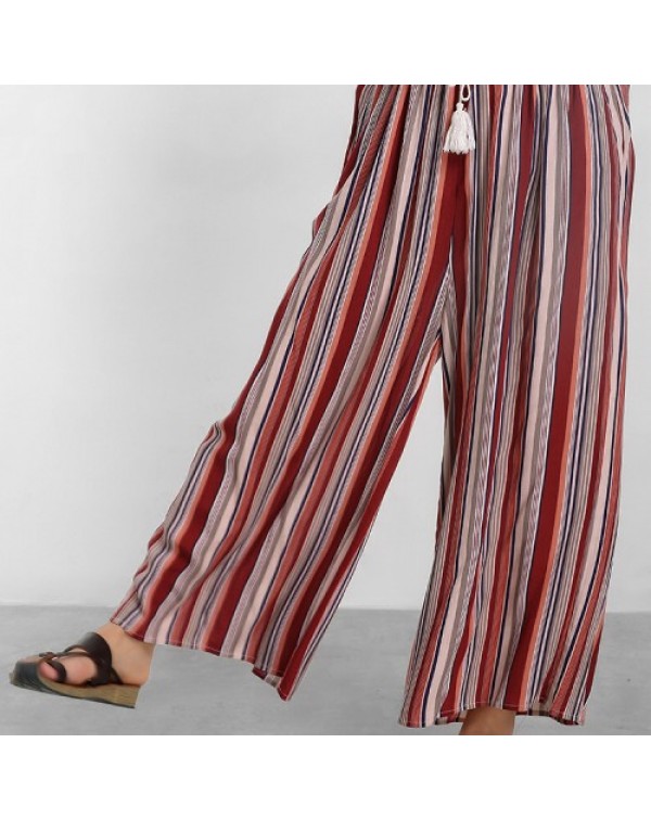 Fashion Casual Elastic Waist Loose Stripe Wide Leg Pants