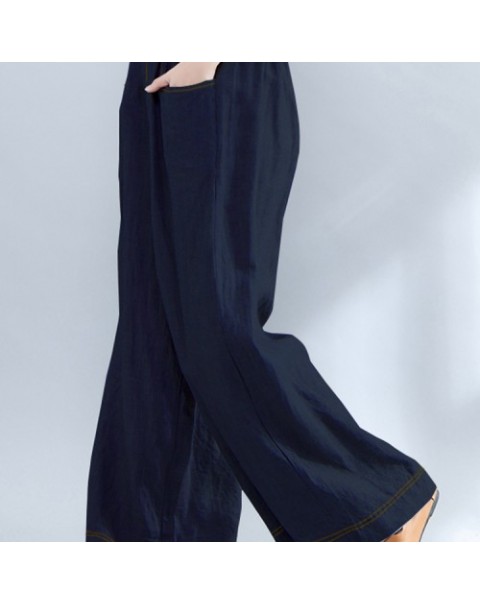 Black/Gray/Navy Casual Elastic Waist Loose Wide Leg Pants 