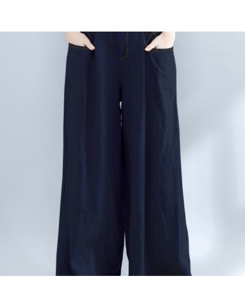 Black/Gray/Navy Casual Elastic Waist Loose Wide Leg Pants 