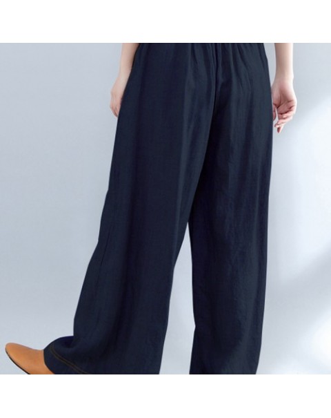 Black/Gray/Navy Casual Elastic Waist Loose Wide Leg Pants 