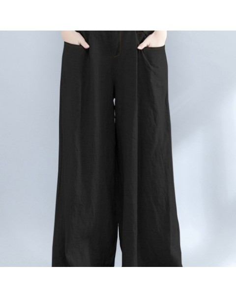 Black/Gray/Navy Casual Elastic Waist Loose Wide Leg Pants 