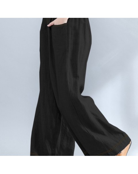 Black/Gray/Navy Casual Elastic Waist Loose Wide Leg Pants 