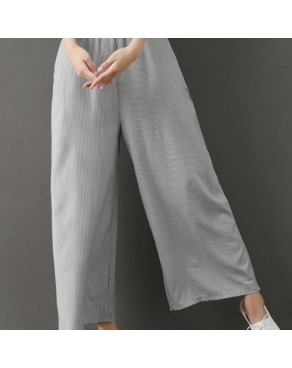 Gray Simple Elastic Waist Stripe Wide Leg Pants