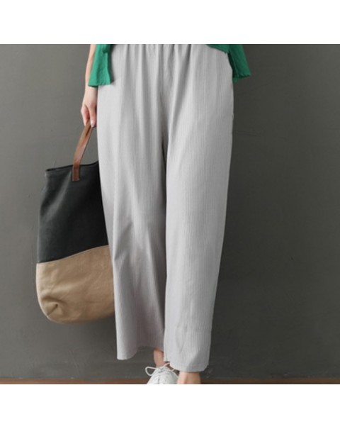 Gray Simple Elastic Waist Stripe Wide Leg Pants