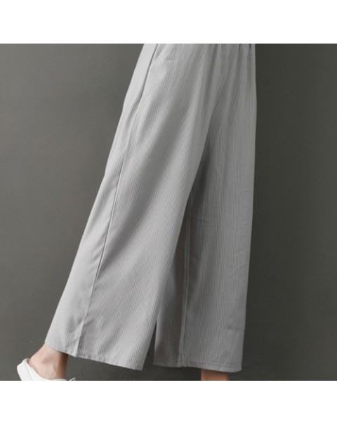 Gray Simple Elastic Waist Stripe Wide Leg Pants