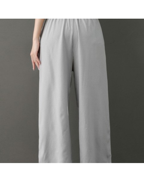 Gray Simple Elastic Waist Stripe Wide Leg Pants