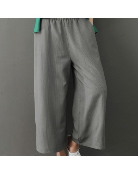 Gray Simple Elastic Waist Stripe Wide Leg Pants