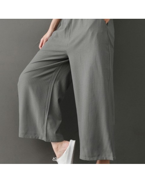 Gray Simple Elastic Waist Stripe Wide Leg Pants