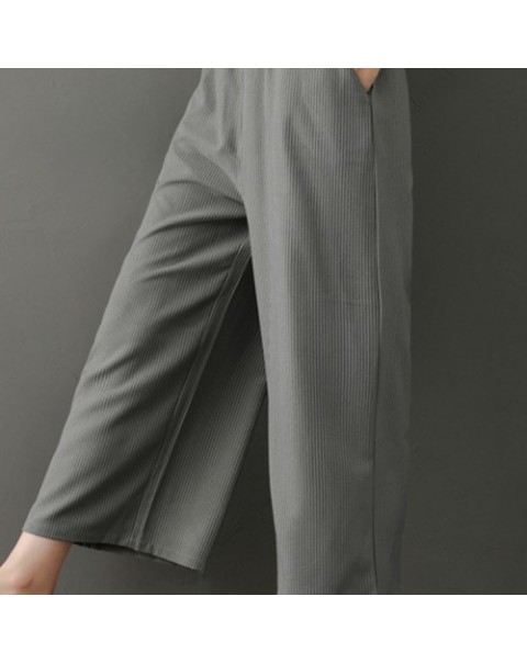 Gray Simple Elastic Waist Stripe Wide Leg Pants