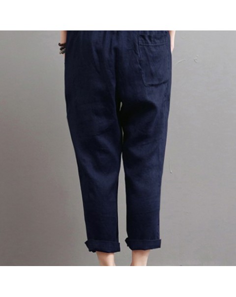 Simple Solid Color Elastic Waist Cotton Harem Pants 