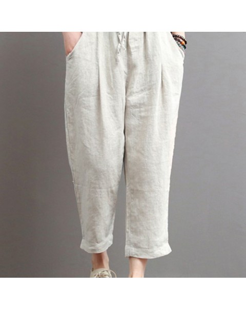 Simple Solid Color Elastic Waist Cotton Harem Pants 