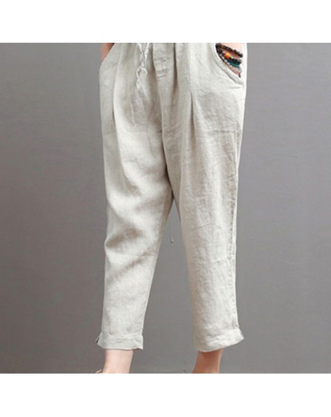 Simple Solid Color Elastic Waist Cotton Harem Pants 