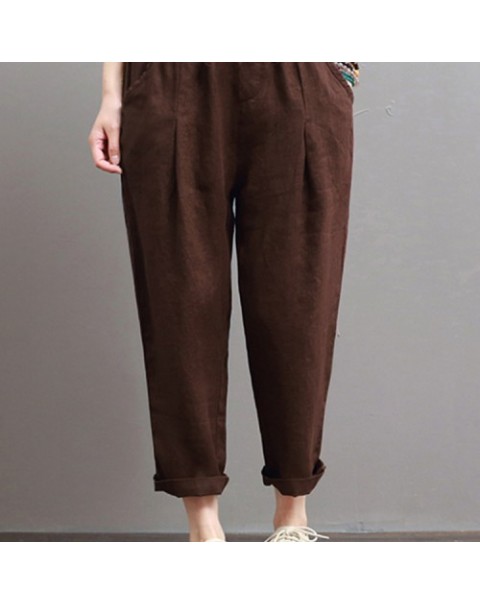 Simple Solid Color Elastic Waist Cotton Harem Pants 