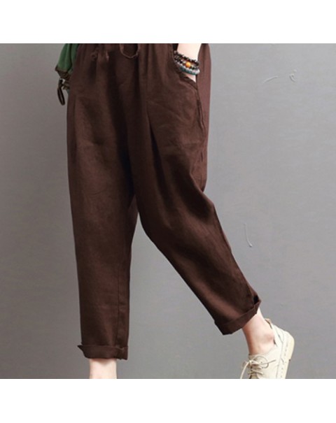 Simple Solid Color Elastic Waist Cotton Harem Pants 