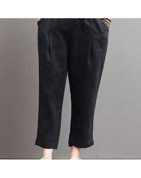 Simple Solid Color Elastic Waist Cotton Harem Pants 