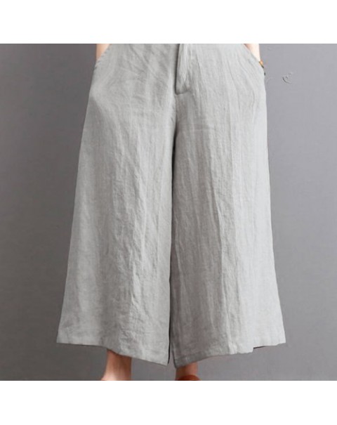 Solid Color Casual Elastic Waist Cotton Wide Leg Pants