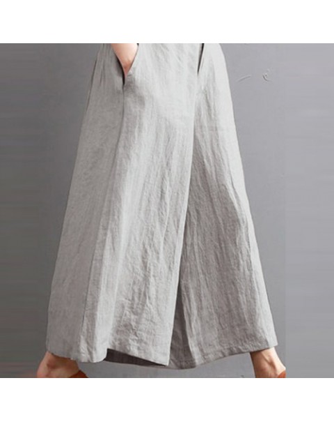 Solid Color Casual Elastic Waist Cotton Wide Leg Pants