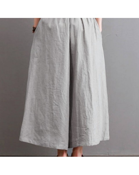 Solid Color Casual Elastic Waist Cotton Wide Leg Pants