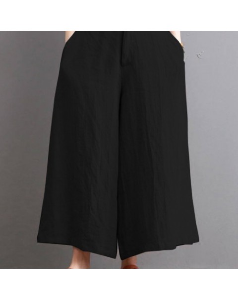 Solid Color Casual Elastic Waist Cotton Wide Leg Pants