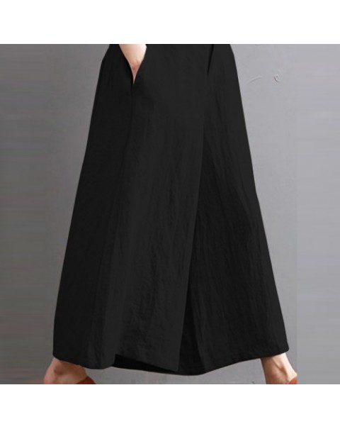 Solid Color Casual Elastic Waist Cotton Wide Leg Pants