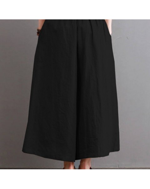 Solid Color Casual Elastic Waist Cotton Wide Leg Pants